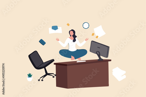 Employee wellbeing or wellness, comfortable to work, project management or relax workplace, balance or productivity concept, office woman mindfulness meditating on working desk levitate working stuff.