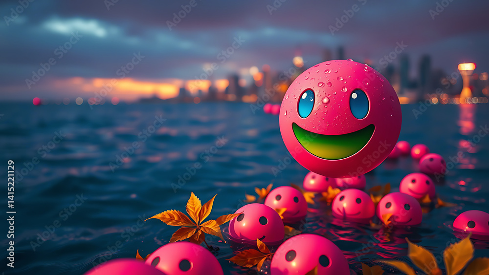 Naklejka premium Celebrate World Laughter Day with a Splash of Joy A Pink Smiley Face Floats Peacefully on the Sea Reflecting Happiness Calm and the Power of a Simple Smile to Spread Laughter Across Oceans