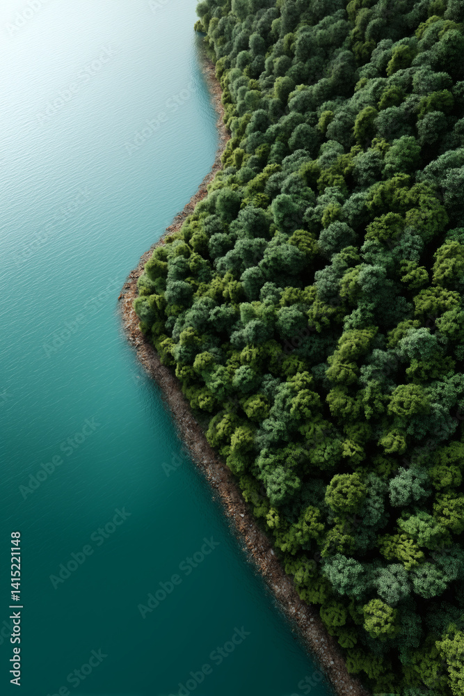 Fototapeta premium Aerial view of a forest bordering a clear, turquoise lake. Serene natural landscape.
