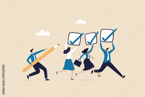 Checklist or checkmark for task completion, survey or questionnaire, finish work or accomplishment, get thing done or tick the checkbox concept, business people hold checklist and pencil to tick.