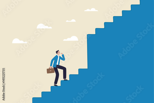 Challenge to overcome difficulty, obstacle or business problem, think of solution to get pass obstacle to success, failure or trouble concept, businessman walk up stair to find huge difficult step.