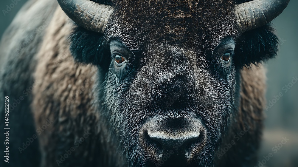 Close-up portrait of a large, dark brown bison with a serious expression. Its fur is thick and shaggy, and its horns are prominent Close-up portrait of a large, dark brown bison with a serious expression. Its fur is thick and shaggy, and its horns are prominent