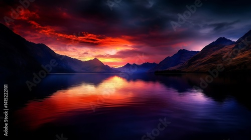 Dramatic mountain lake sunset reflecting vibrant colors.
