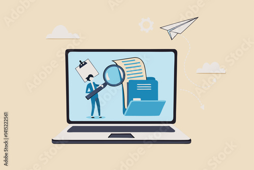 File management or documents archive, computer data backup or virus scan, online cloud storage or search for files concept, businessman with magnifying glass search for file in folder computer laptop.