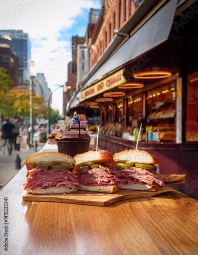 Pastrami sandwiches displayed on wooden board in bustling new york city deli