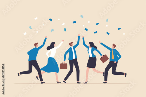 Employee, organization or company worker, team or teamwork success together, staff partnership or community concept, success businessman, businesswoman colleague high five for winning celebration.