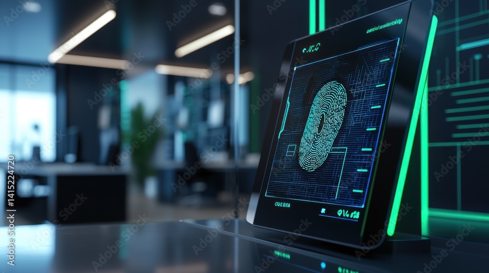 Obraz premium A high-tech fingerprint scanner showcases biometric data in a sleek office. The illuminated device highlights security advancements with a digital interface prominently featuring a fingerprint