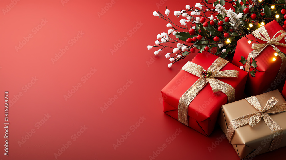 Christmas presents wrapped in festive paper with lights and snowflakes on red background. Christmas presents wrapped in festive paper with lights and snowflakes on red background.