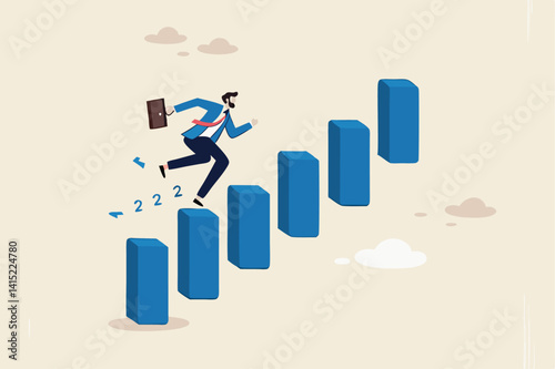 Career advancement, development or business growth, progress to more responsibility, salary or job promotion, improvement opportunity concept, success businessman step up growing bar graph stairs.
