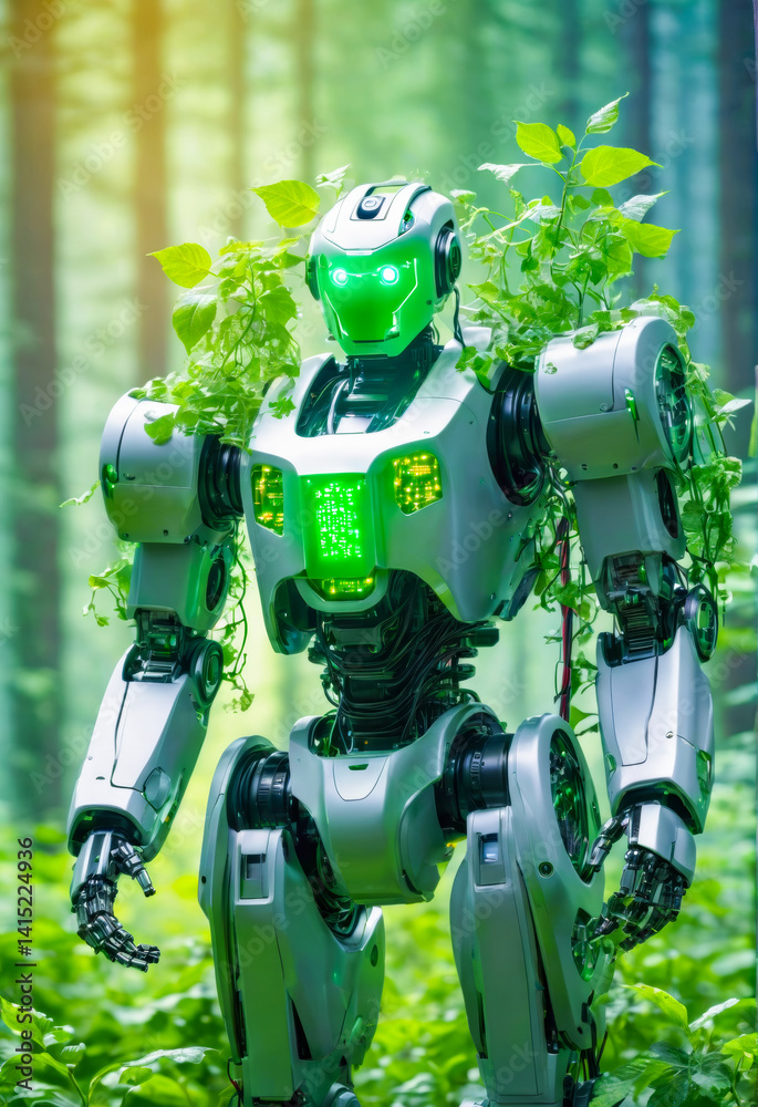 Fototapeta premium Eco-Friendly Robot in Forest.