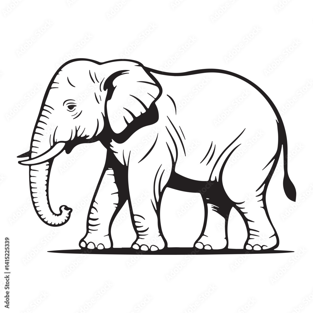 Fototapeta premium Black and White Hand-Drawn Illustration of a Walking Elephant in Profile View silhuetee vector