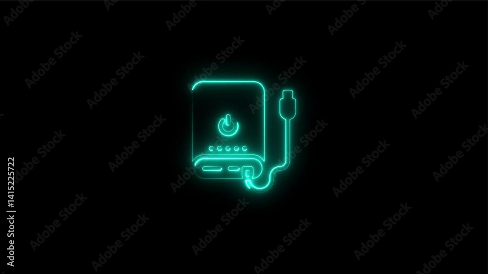 Glowing neon power bank icon isolated on black background. HD Video motion graphic animation Glowing neon power bank icon isolated on black background. HD Video motion graphic animation