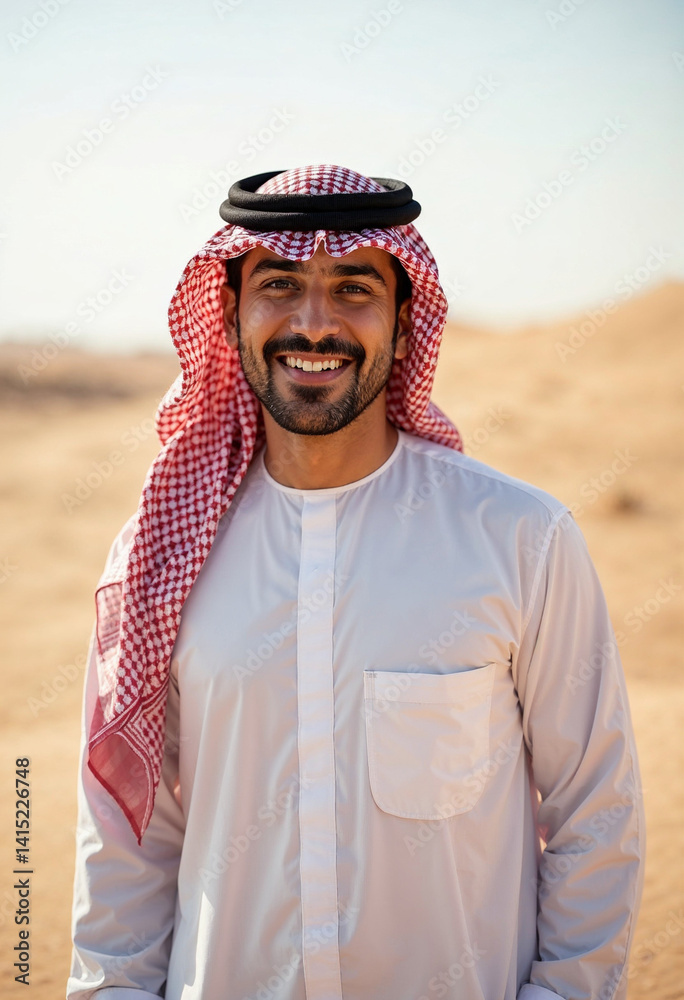 młody, uśmiechnięty Arab na pustyni