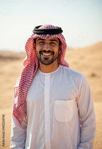 Obraz na płótnie młody, uśmiechnięty Arab na pustyni w salonie