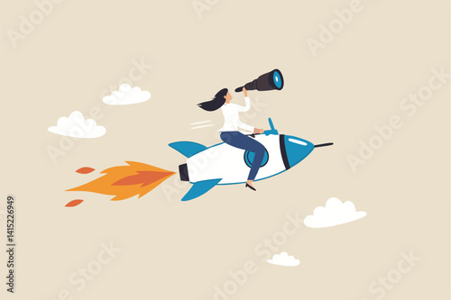 Woman entrepreneur, startup business or success small company, professional business management or female manager concept, confidence businesswoman riding rocket working on computer with telescope.