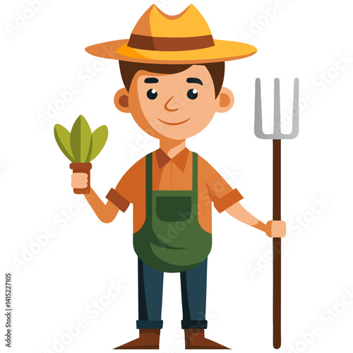 Cartoon Farmer Holding Plant and Pitchfork – Agriculture and Organic Farming Concept