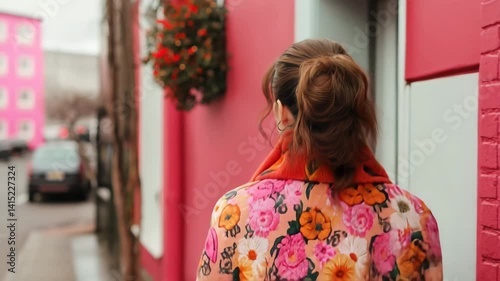 Fashion model poses against vibrant pink wall in urban setting during fall afternoon