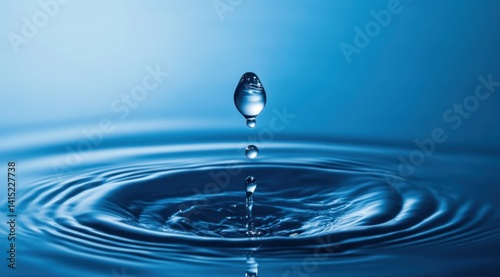 Water droplet falling into water creating ripples against a blue background.