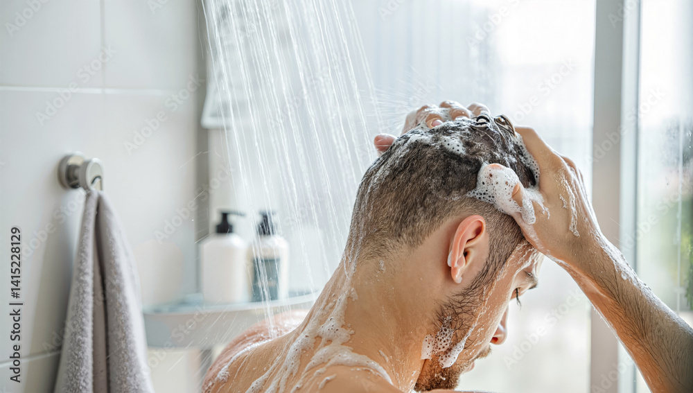 Naklejka premium Man washing hair with shampoo in shower. Soap lather, running water in bathroom. Daily hygiene, clean routine, refreshing self-care concept.