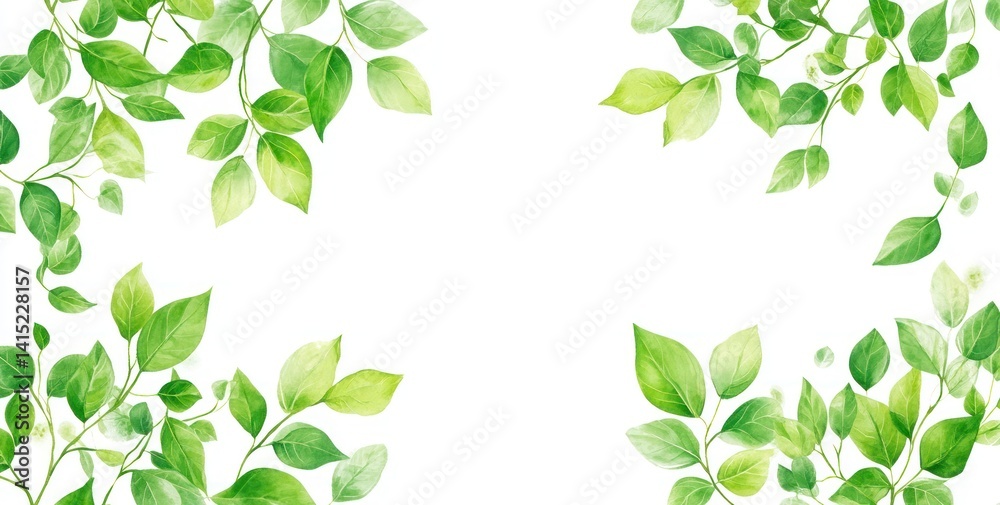 Green leaves border a white background creating a fresh and natural design. Green leaves border a white background creating a fresh and natural design.