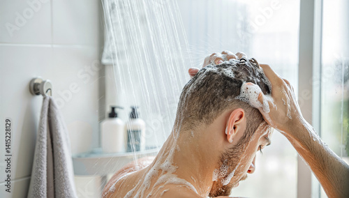 Man washing hair with shampoo in shower. Soap lather, running water in bathroom. Daily hygiene, clean routine, refreshing self-care concept.