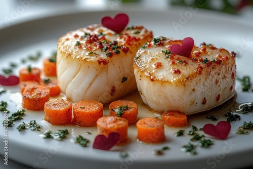 Elegant scallop dish with carrot coins and heart toppers for a romantic dinner