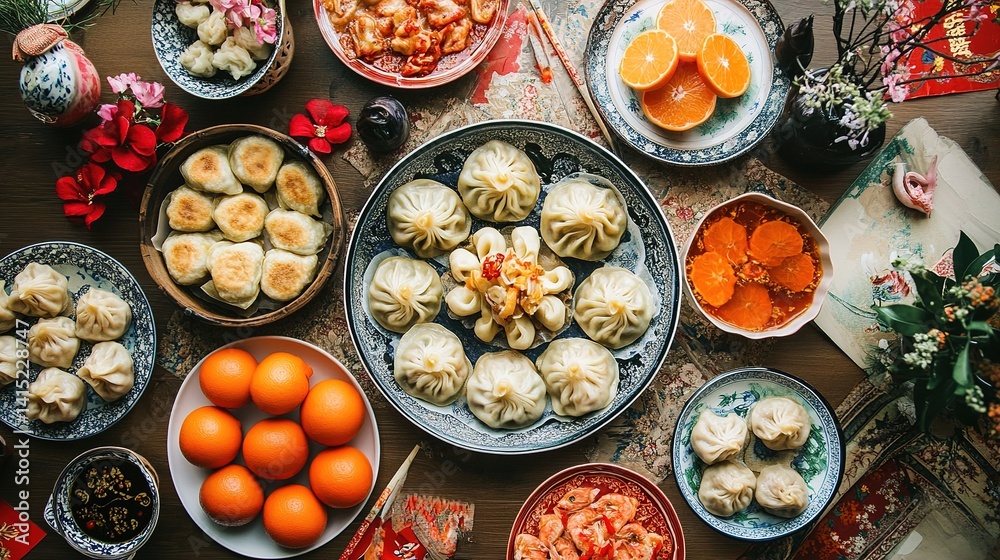 Fototapeta premium A beautifully arranged table of traditional Lunar New Year food, including dumplings and oranges, delicious and symbolic.