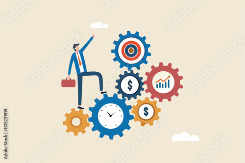 Effectiveness, efficiency or productivity for better result, improve performance or process, development or business management concept, business entrepreneur with cog wheels with effective elements.