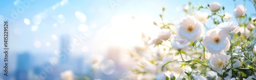 White roses bloom against a blurred cityscape background in a bright sunny setting.