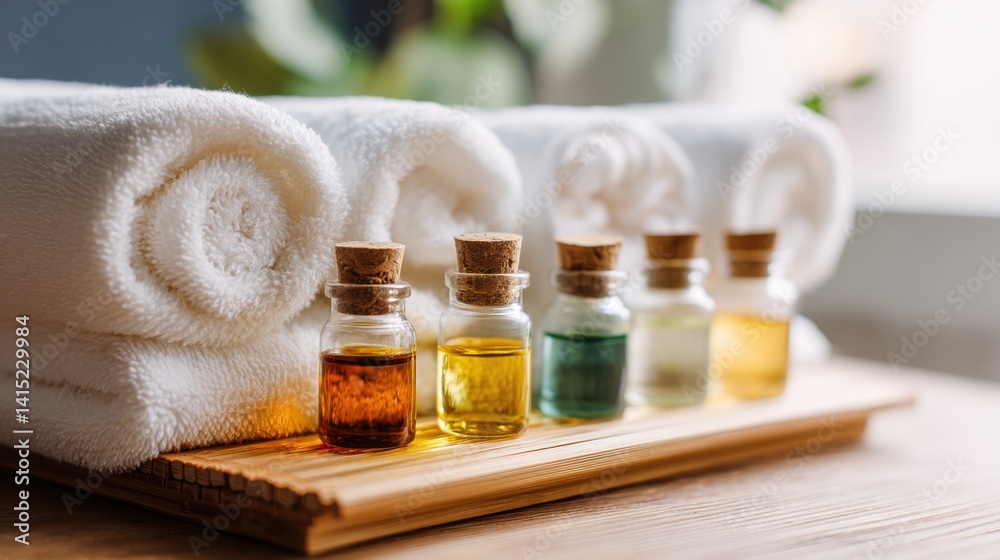 Rolled towels and aromatherapy oils on a wooden tray. Rolled towels and aromatherapy oils on a wooden tray.