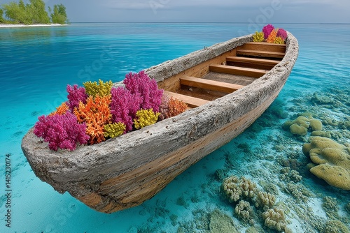 Vibrant Coral Adorns Wooden Boat in Turquoise Tropical Waters