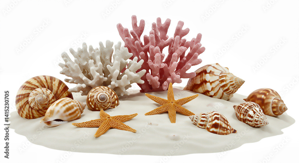 Obraz premium Seashells, Starfish, and Coral on Sand