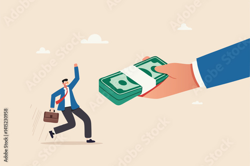 Getting paid, salary, wages payment or bonus, reward or employee benefits, tax refund or investment profit earning, loan or mortgage concept, business man hand giving money banknote to happy employee.