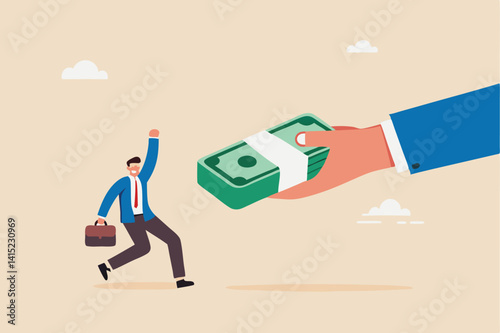 Getting paid, salary, wages payment or bonus, reward or employee benefits, tax refund or investment profit earning, loan or mortgage concept, business man hand giving money banknote to happy employee.