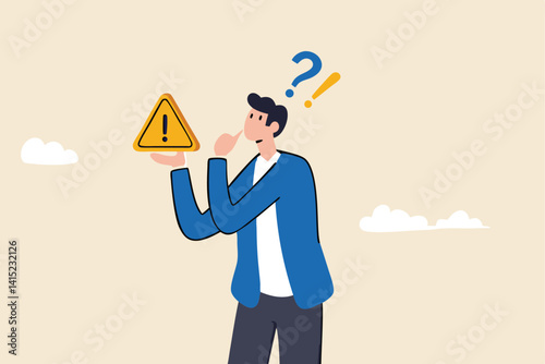 Concern or doubt to make decision, worried for problem or issue, attention or challenge ahead, distrust or trouble concept, businessman holding exclamation mark sign with concern to solve problem.