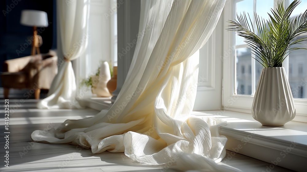 Interior with window and curtains. Light shines on white window sill, palm leaves in vase Interior with window and curtains. Light shines on white window sill, palm leaves in vase