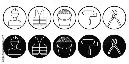 Civil engineering icon set. Engineer, civil engineer uniform, construction bucket, safety helmet symbol into fill and lined vector collection illustration.