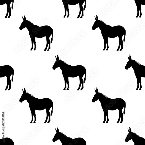 Seamless pattern of black donkey silhouettes on a white background showcasing a simple yet elegant design
