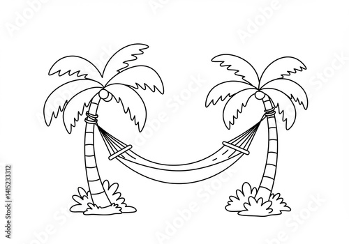 Hammock Between Two Palm Trees Line Art Illustration