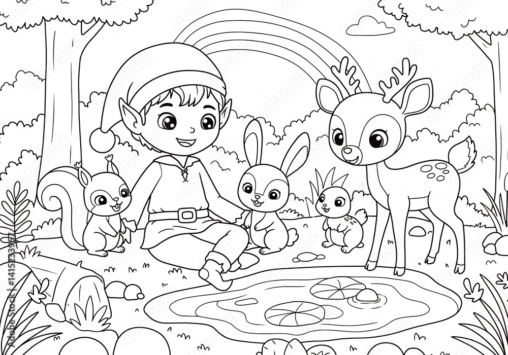 Fototapeta premium Happy Boy Playing with Cute Animals in a Forest Scene