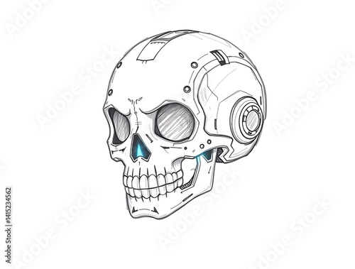 Sketch of a skull with futuristic helmet and glowing blue accents drawn