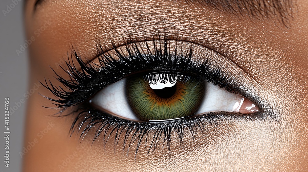 Obraz premium Detailed Close Up of a Woman Eye with Shimmering Eyeshadow and Long Lashes