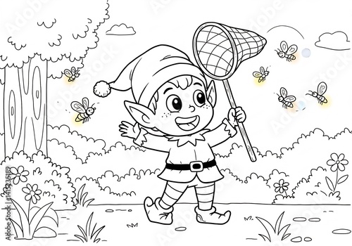 Happy Elf Catching Fireflies in a Forest