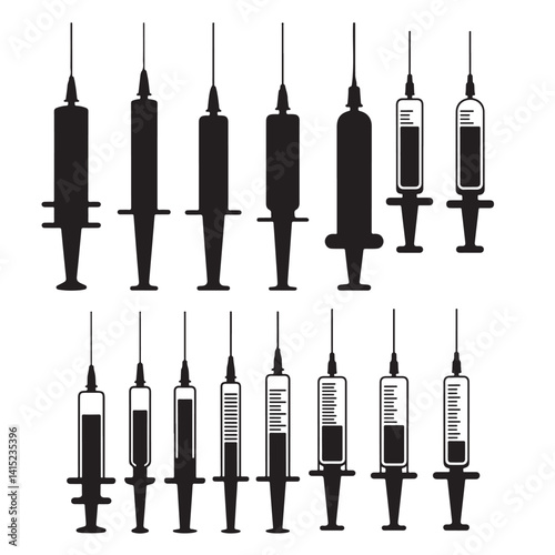 Syringe silhouettes, medical syringe, Vaccine or injection icon, Syringe injection, syringe with drop silhouettes