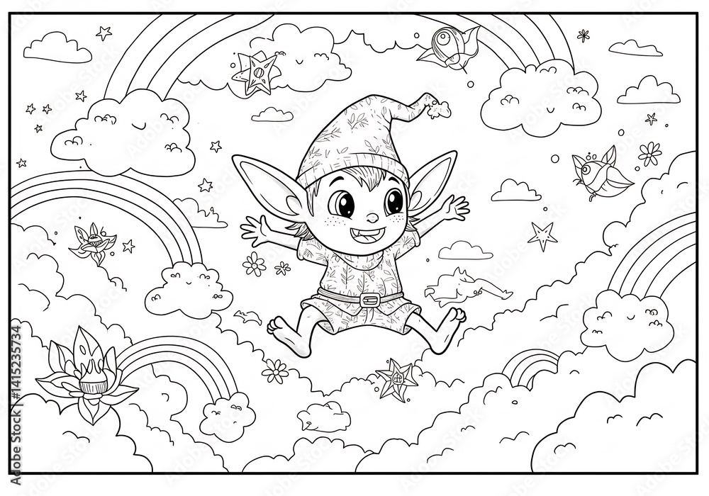 Fototapeta premium Joyful Elf Jumping Amidst Rainbows and Stars