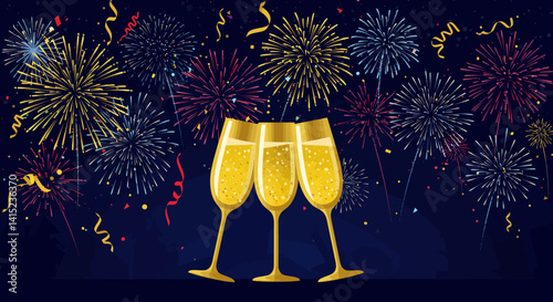 There are two glasses of champagne that next to each other with fireworks in the background...