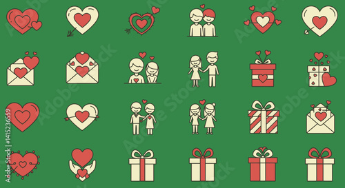 There are a lot of valentine ' s day icons on this green background...