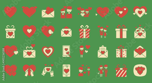 There are a lot of valentine ' s day icons on this green background...