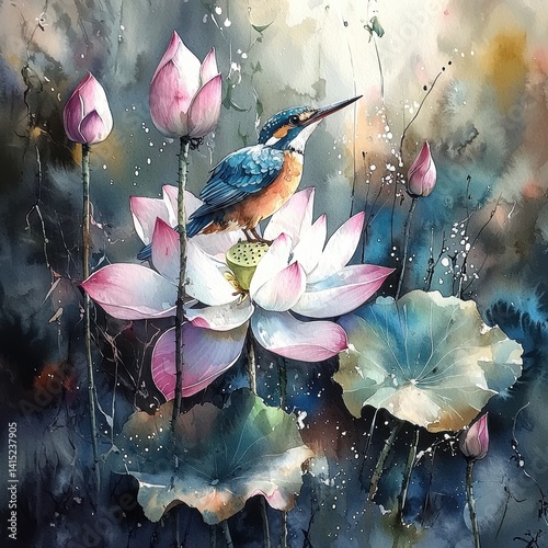 Kingfisher on Lotus Flower Watercolor Painting