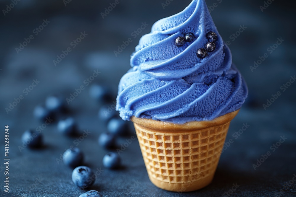 Whimsical blueberry delight: Swirled soft serve in a crispy cone with fruit nearby